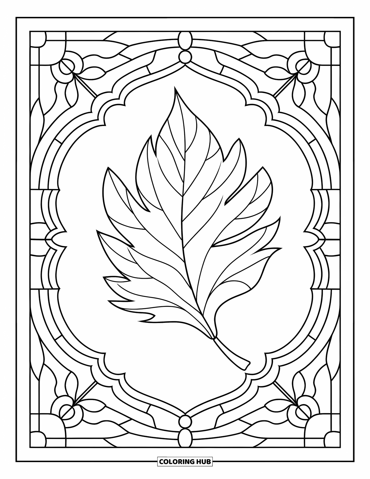 Fall Leaves Coloring Page for Adults: A curled birch leaf is surrounded by stained-glass shapes with bold, clean lines