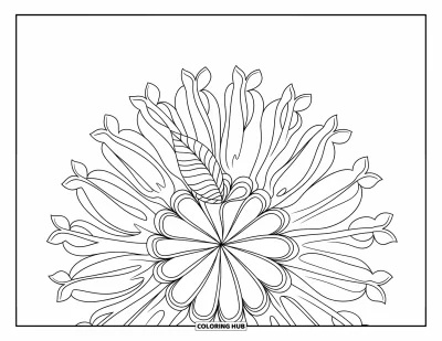 Coloriage de feuilles d'automne pour adultes : Une feuille flottante repose sur de délicats pétales de mandala aux douces extensions botaniques