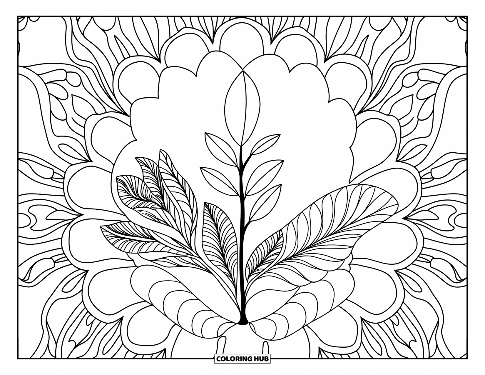 Fall Leaves Coloring Page for Adults: A floating leaf sits above intricate mandala petals filled with winding floral designs