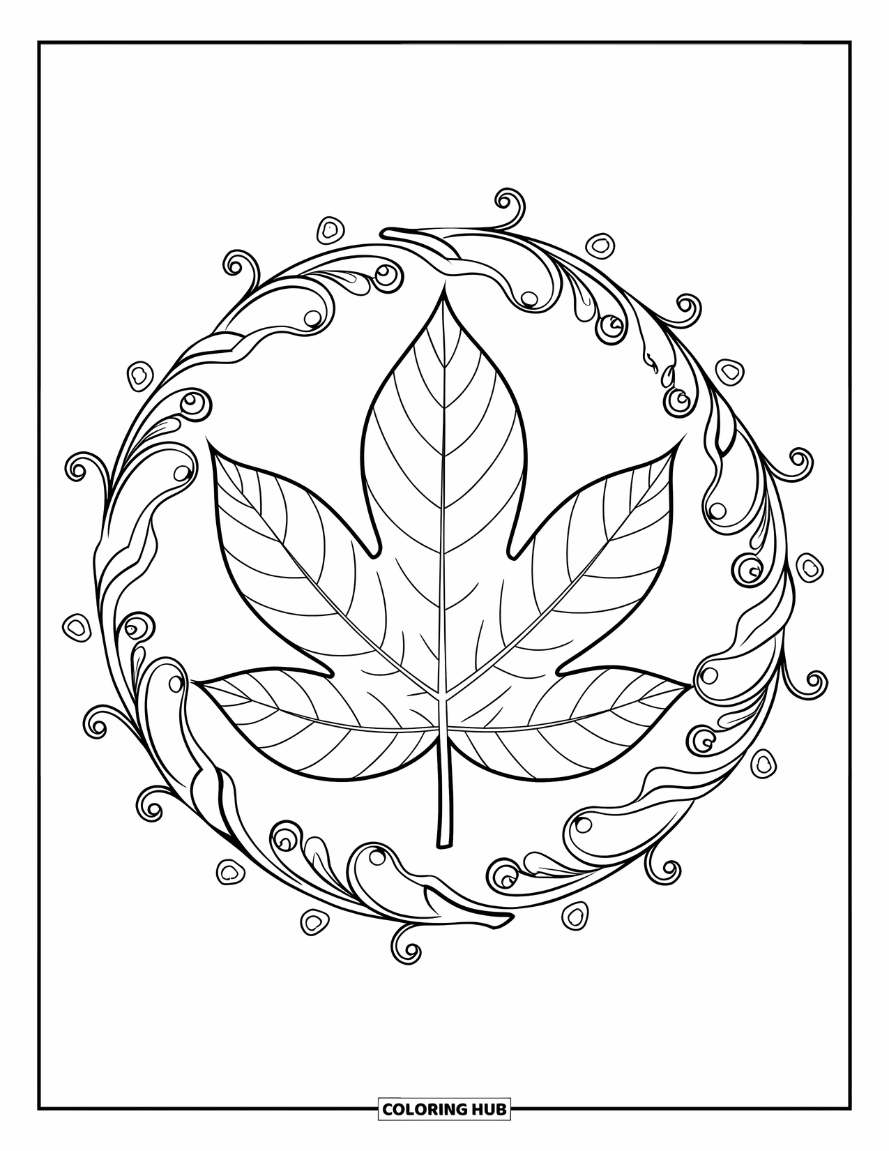 Fall Leaves Coloring Page for Adults: A large leaf with veins and swirls is circled by delicate vines and curls
