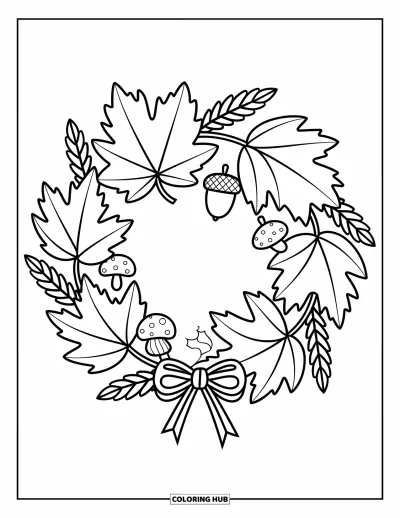 Coloriage de feuilles d'automne pour adultes : Une couronne de feuilles ornée de glands, de champignons et d'un petit ruban noué délicatement en bas