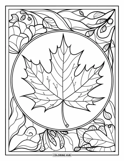 Coloriage de feuilles d'automne pour adultes : Une feuille d'érable est encadrée par des panneaux vitrail aux motifs feuillus abstraits