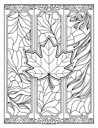 Coloriage de feuilles d'automne pour adultes : Une feuille d'érable repose dans des panneaux style vitrail remplis de formes de feuillage automnal