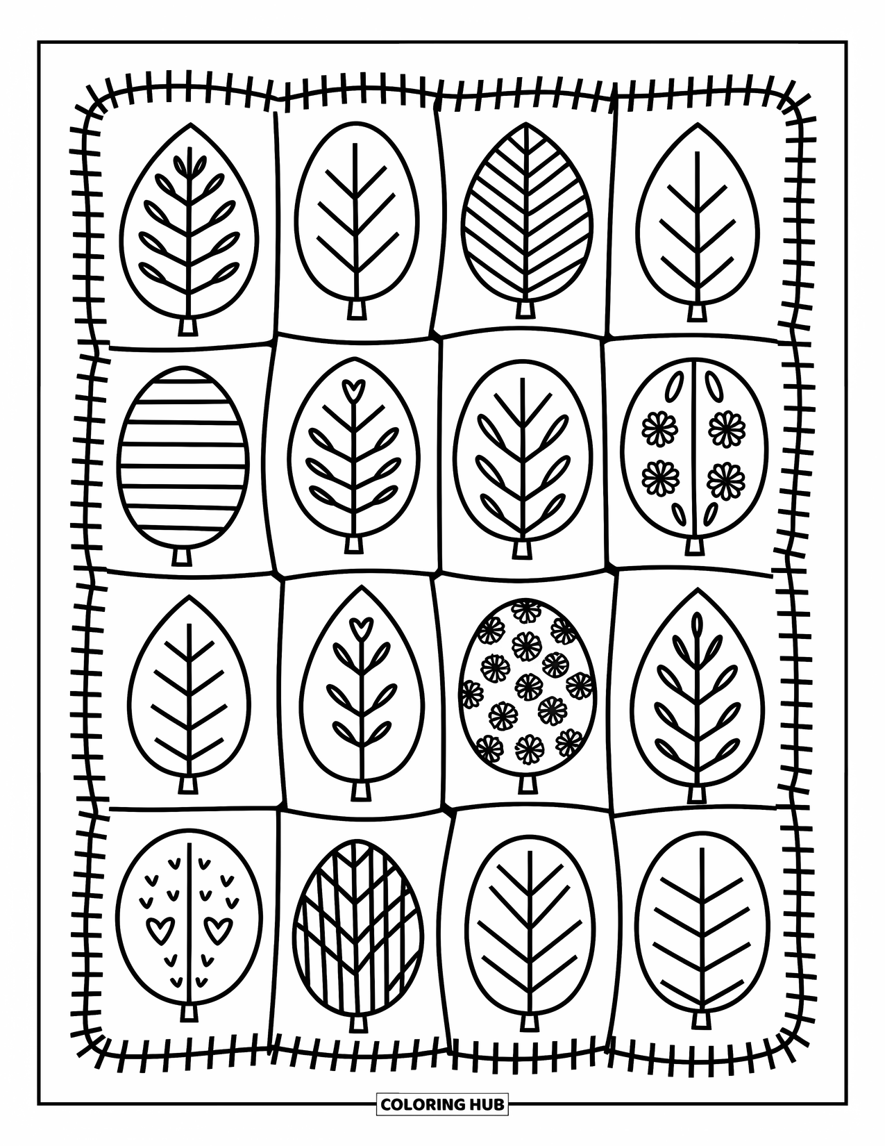 Fall Leaves Coloring Page for Adults: A patchwork quilt made of cute leaf patterns with hearts, polka dots, and tiny stitches