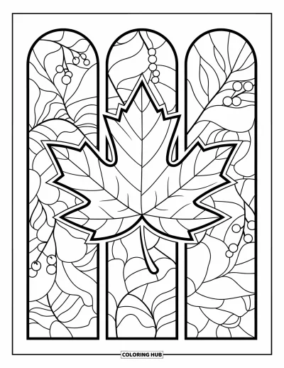 Coloriage de feuilles d'automne pour adultes : Une feuille d'érable à motifs est enfermée dans des panneaux vitrail ornés de feuilles et de baies