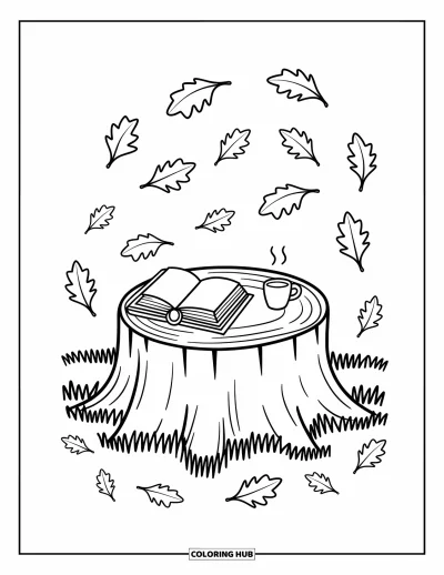 Coloriage de feuilles d'automne pour adultes : Une souche d'arbre ronde accueille un livre et une tasse tandis que des feuilles virevoltantes dansent autour