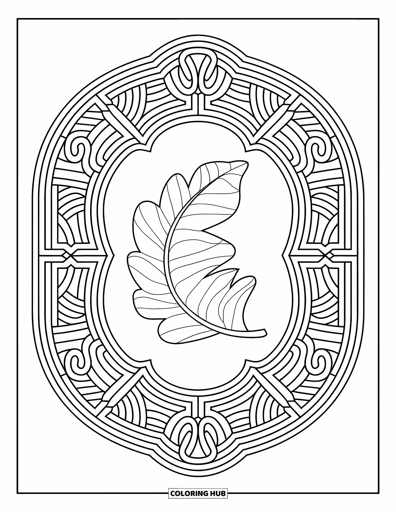 Fall Leaves Coloring Page for Adults: A single birch leaf rests in the center of swirly stained-glass inspired patterns