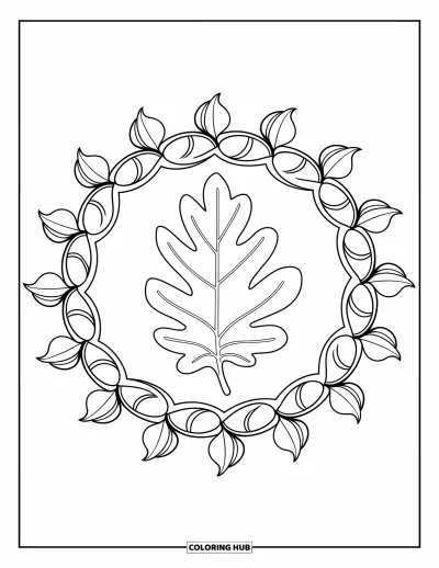 Coloriage de feuilles d'automne pour adultes : Une feuille de chêne solitaire est encerclée par un mandala fait de vignes et de doux pétales