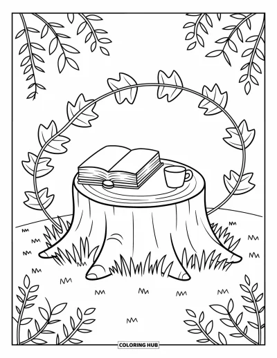 Coloriage de feuilles d'automne pour adultes : Une souche d'arbre avec un livre et une tasse est enveloppée de feuilles en volutes et du charme de la forêt
