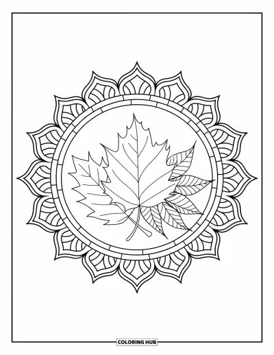 Coloriage de feuilles d'automne pour adultes : Un trio de feuilles d'automne repose au centre d'un mandala élégant aux motifs soignés