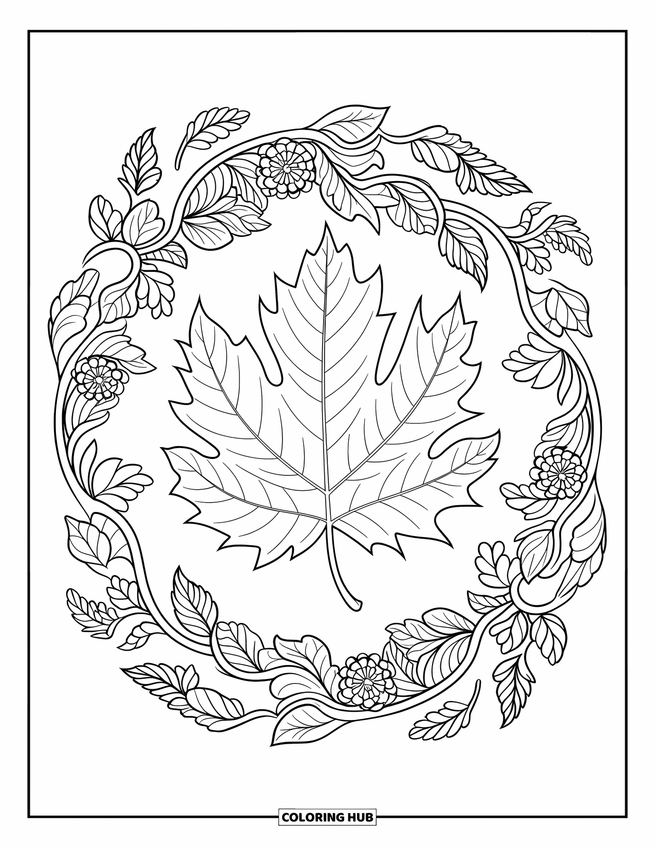 Fall Leaves Coloring Page for Adults: A veined chestnut leaf is encircled by intricate floral and leaf mandala swirls