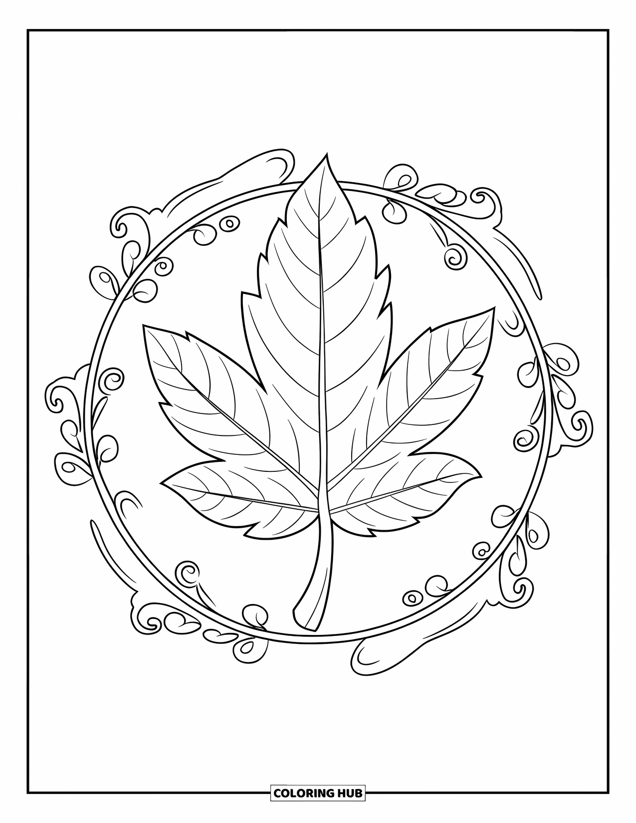 Fall Leaves Coloring Page for Adults: A veined leaf with a wavy stem is wrapped in a circle of ornate vines