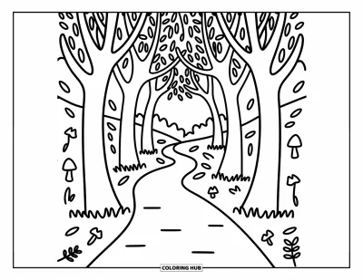 Coloriage de feuilles d'automne pour adultes : Un sentier sinueux entre les arbres forme un tunnel feuillu avec des champignons et une petite pomme de pin