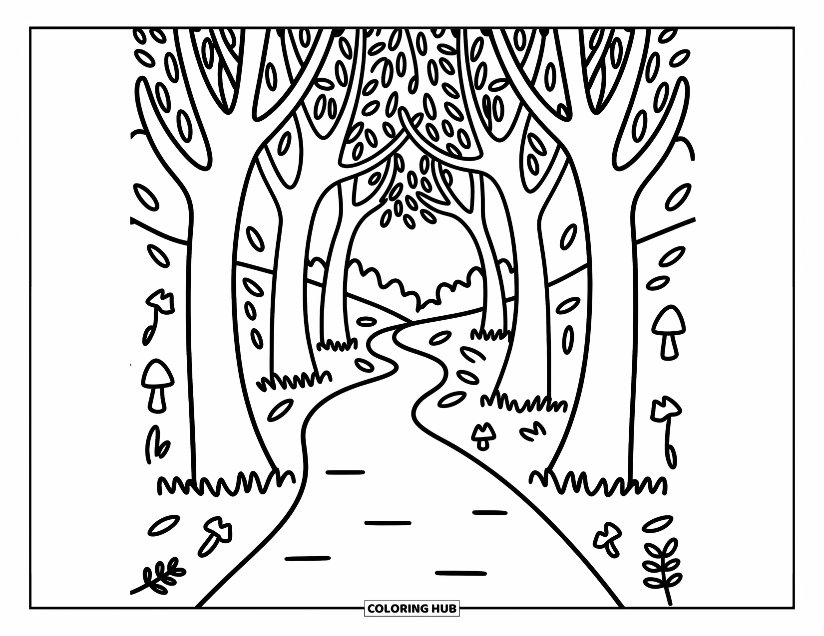 Fall Leaves Coloring Page for Adults: A winding path between trees forms a leafy tunnel with mushrooms and a tiny pinecone