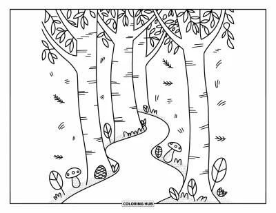 Coloriage de feuilles d'automne pour adultes : Un tunnel forestier avec des arbres en voûte et des détails enchanteurs comme des champignons et des brindilles