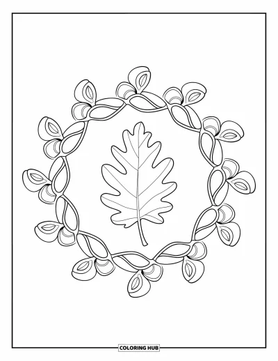 Coloriage de feuilles d'automne pour adultes : Une feuille de chêne est enveloppée dans un mandala détaillé de pétales sinueux et de vignes