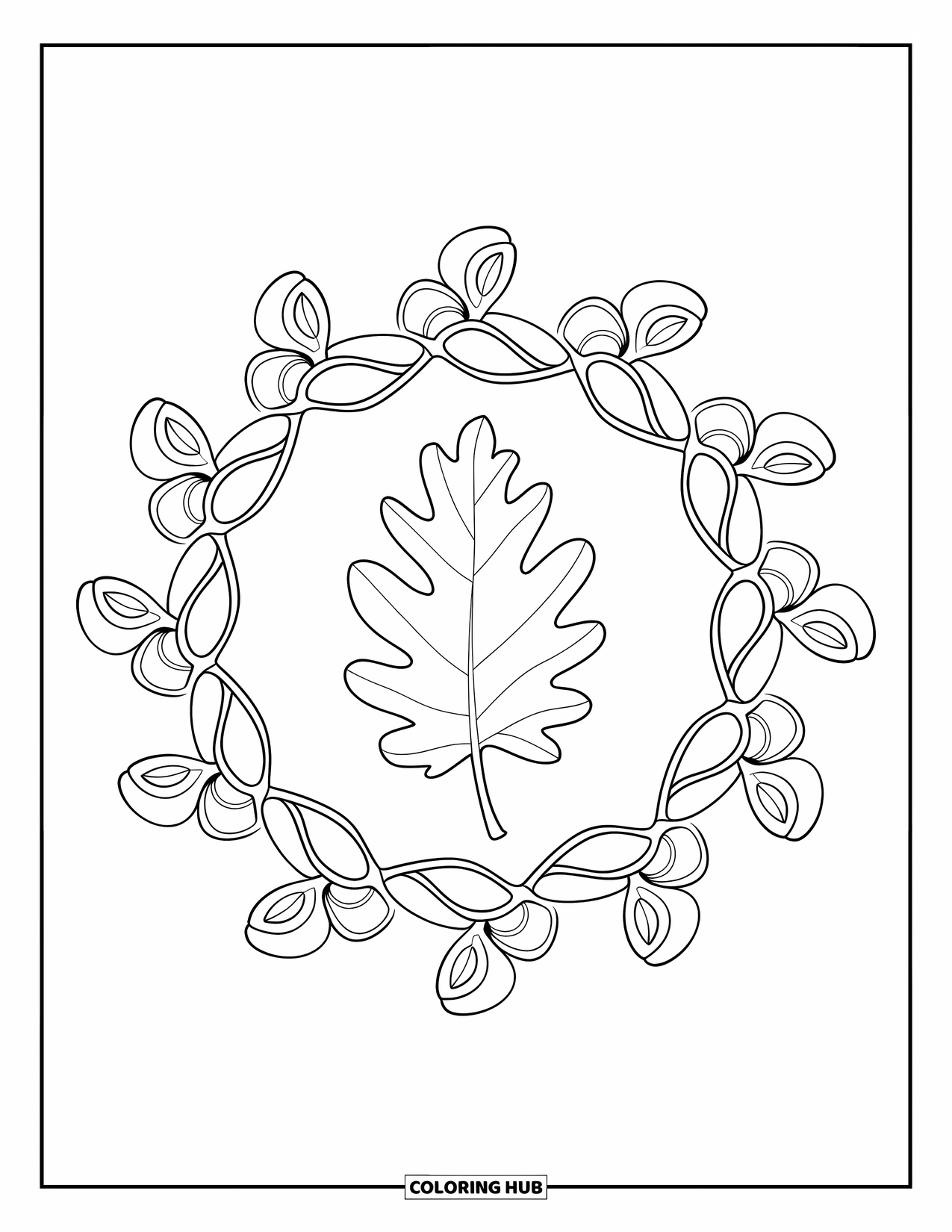 Fall Leaves Coloring Page for Adults: An oak leaf is wrapped in a detailed mandala of winding petals and vines