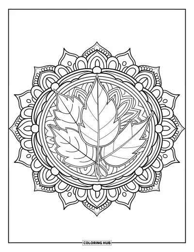 Coloriage de feuilles d'automne pour adultes : Diverses feuilles d'automne sont enveloppées dans des anneaux de mandala remplis de petits motifs géométriques