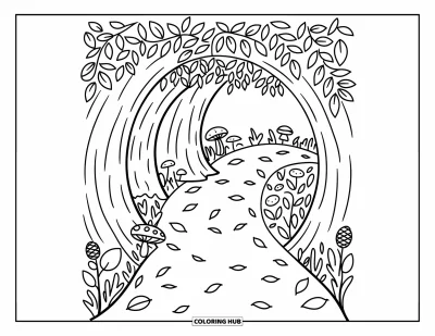 Coloriage de feuilles d'automne pour adultes : Des troncs d'arbres courbés forment un tunnel parsemé de feuilles, de champignons et d'une jolie pomme de pin