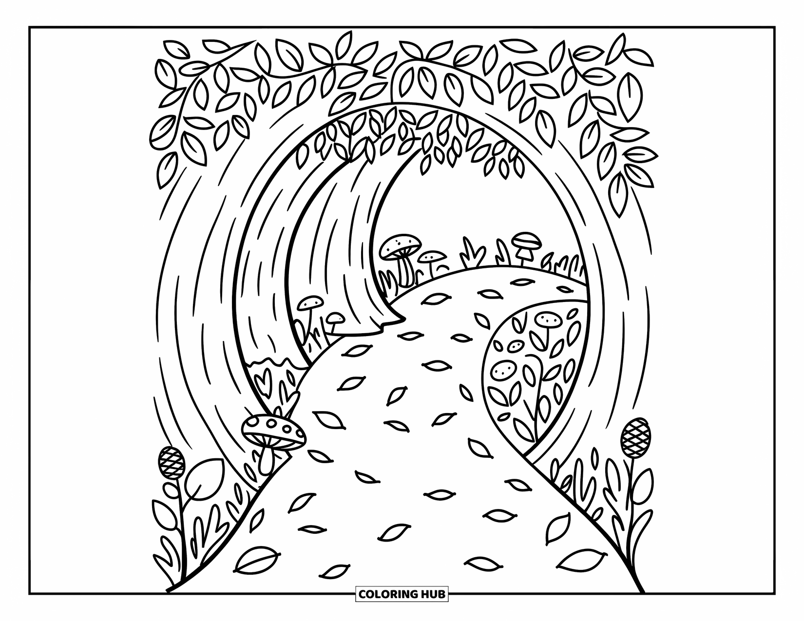 Fall Leaves Coloring Page for Adults: Curved tree trunks create a tunnel with scattered leaves, mushrooms, and a cute pinecone