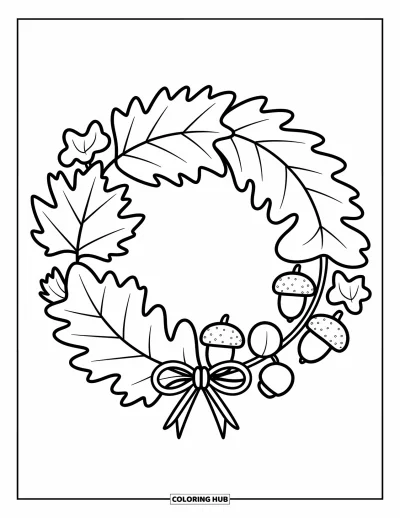 Coloriage de feuilles d'automne pour adultes : De jolies feuilles et champignons s'entrelacent en une couronne ornée d'un petit ruban au charme chaleureux