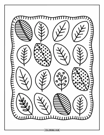Coloriage de feuilles d'automne pour adultes : Des carrés feuillus avec des points, des cœurs et de faux points de couture forment une adorable courtepointe forestière fait main
