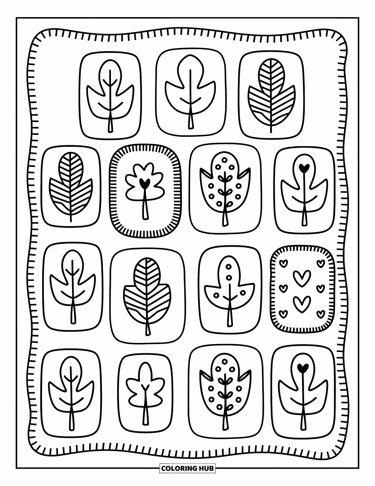 Fall Leaves Coloring Page for Adults: Leafy quilt patches filled with hearts, dots, and florals create a cozy stitched design