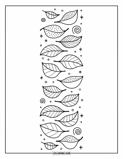Coloriage de feuilles d'automne pour adultes : Des feuilles tombent doucement en zigzag espiègle avec des motifs en pointillés et des lignes de brise en spirale
