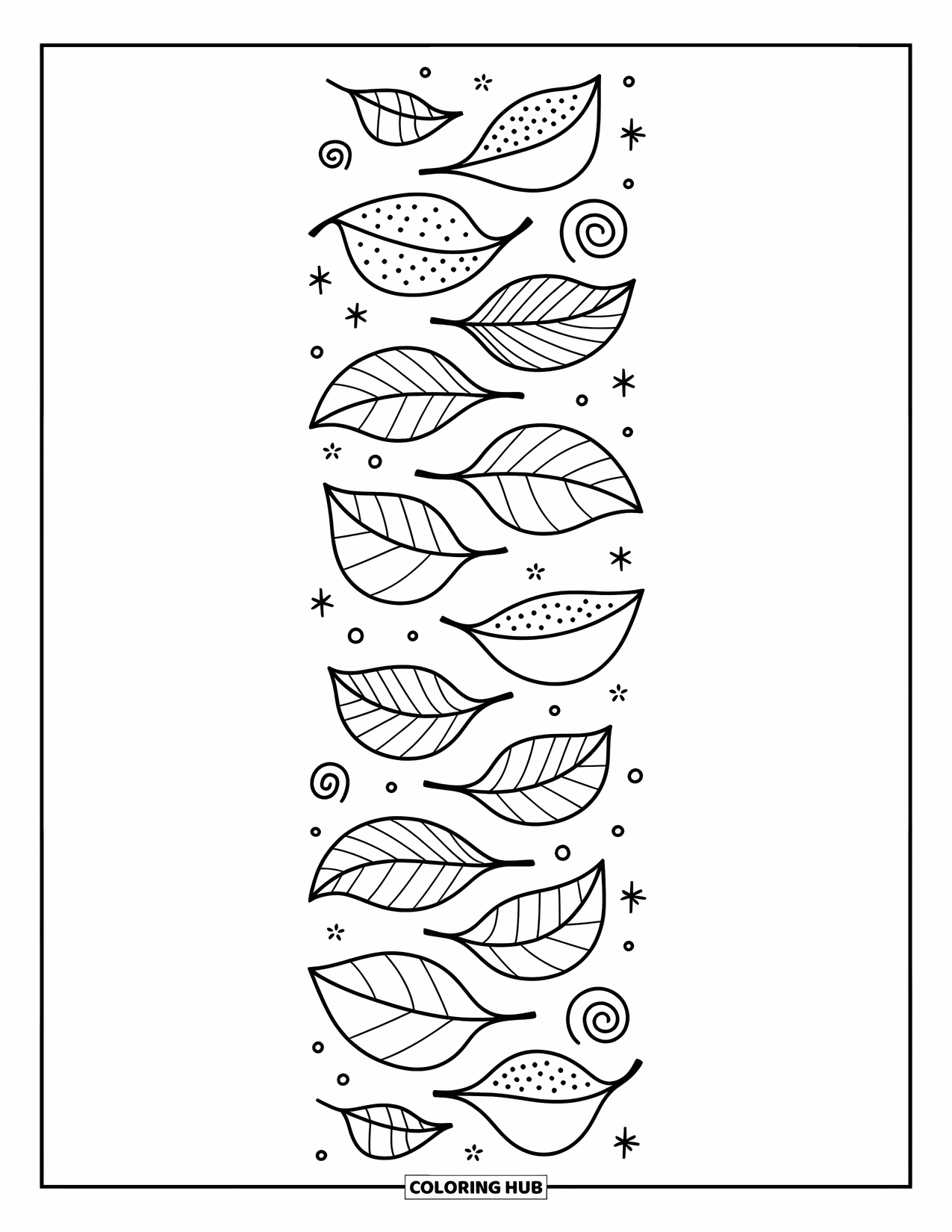 Fall Leaves Coloring Page for Adults: Leaves fall softly in a playful zigzag with dotted patterns and swirling breeze lines