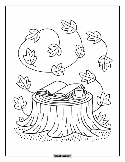 Coloriage de feuilles d'automne pour adultes : Des feuilles tournoient doucement autour d'une souche d'arbre avec un livre et une petite tasse réconfortante