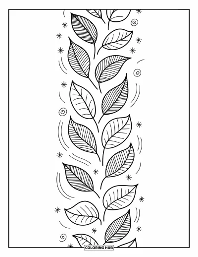 Coloriage de feuilles d'automne pour adultes : Des feuilles virevoltent doucement en zigzag avec des lignes de vent, des étincelles et une légèreté apaisante