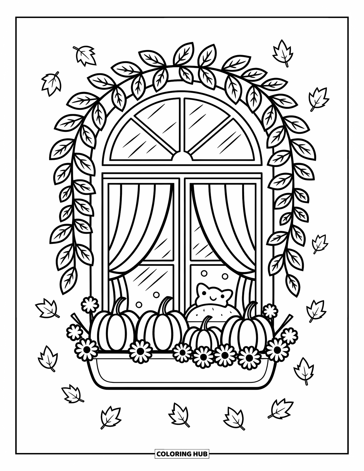 Fall Leaves Coloring Page for Adults: Pumpkins and leaves surround a cottage window with a cozy pillow inside