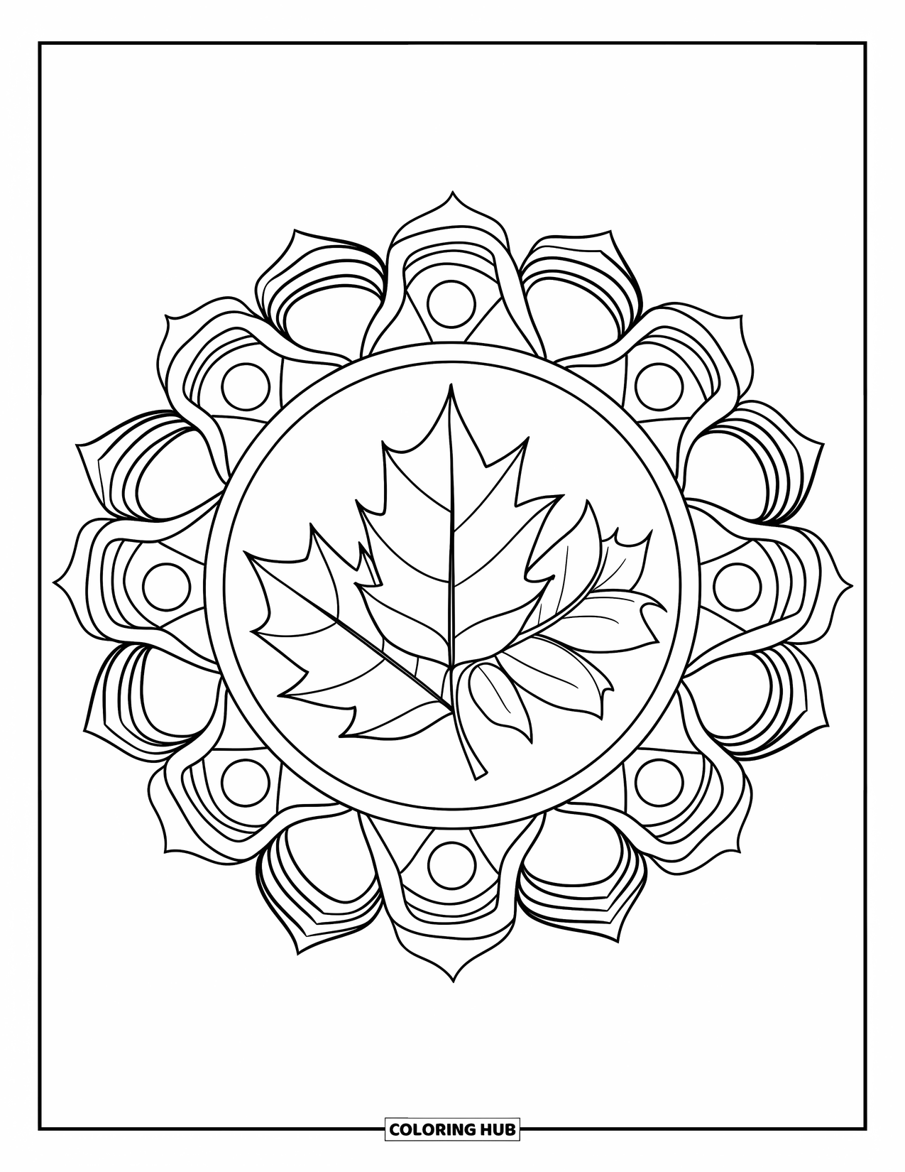 Fall Leaves Coloring Page for Adults: Three bold leaves are encircled by mandala rings with dots, swirls, and triangles