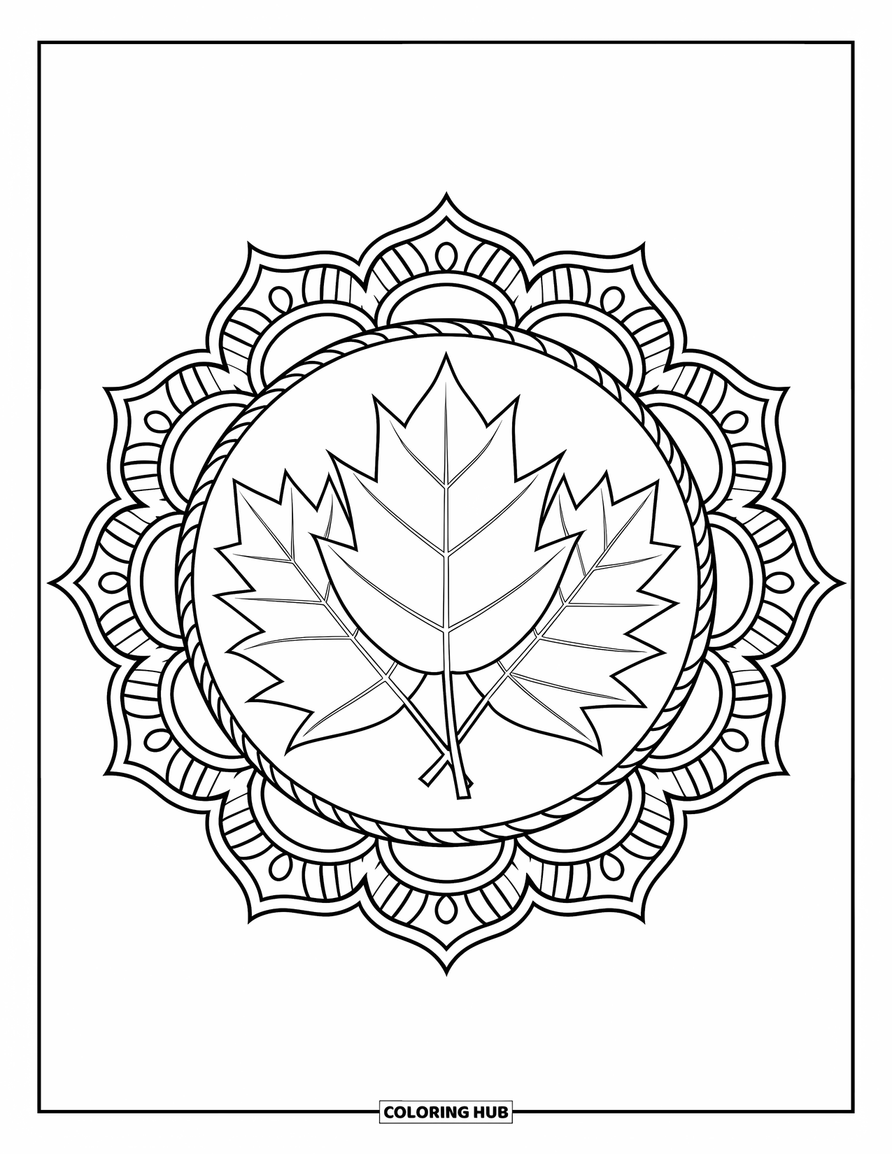 Fall Leaves Coloring Page for Adults: Three fall leaves sit at the center of a mandala with swirling patterned rings