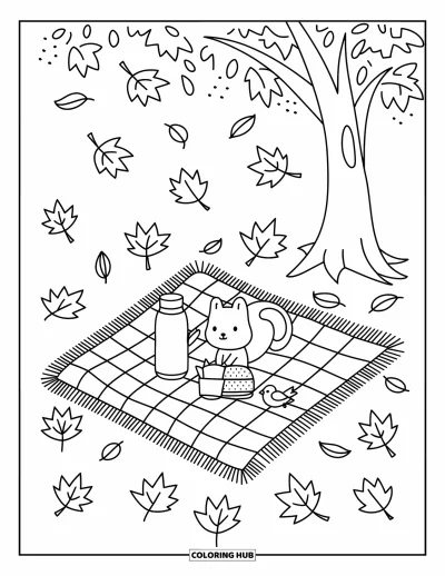 Coloriage de feuilles d'automne pour adultes : Sous une pluie de feuilles, un écureuil et un oiseau sont assis près de petites douceurs sur une couverture douillette