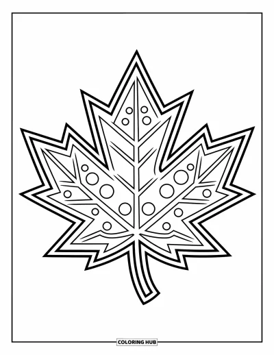 Coloriage de feuilles d'automne pour enfants : Une feuille d'érable centrale décorée de petits cercles