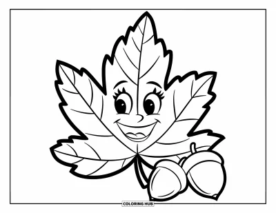 Coloriage de feuilles d'automne pour enfants : Une joyeuse feuille d'automne et deux glands ronds égayent la composition épurée