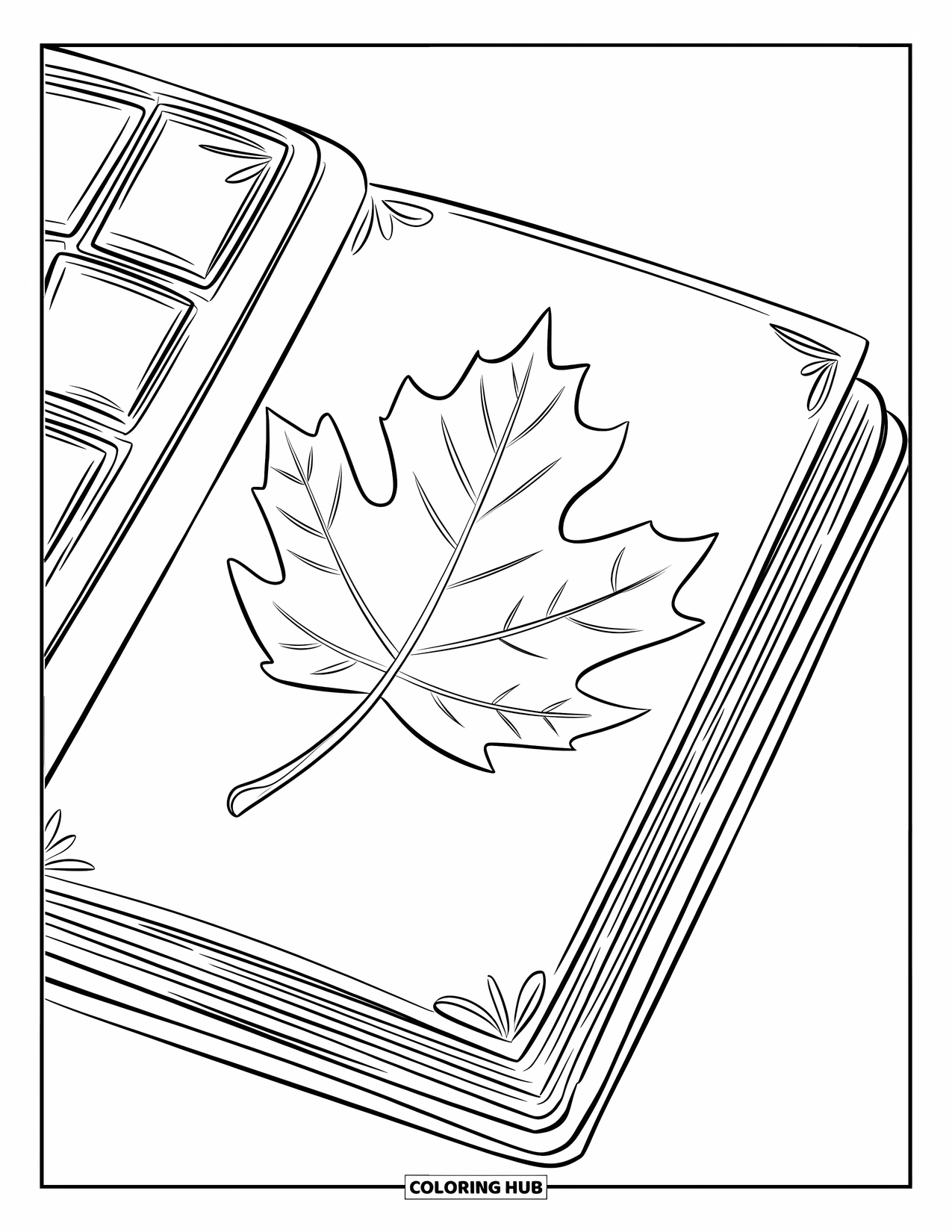Fall Leaves Coloring Page for Kids: A crumpled leaf lies between pages of an open book seen from above