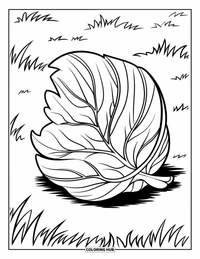 Coloriage de feuilles d'automne pour enfants : Une feuille de bouleau recroquevillée repose tranquillement sur l'herbe douce dans un style affirmé