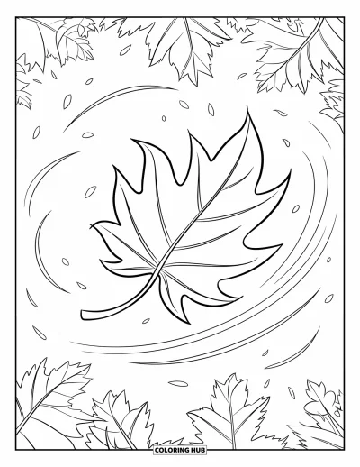 Coloriage de feuilles d'automne pour enfants : Une feuille d'automne suspendue en plein vol dans la brise, entourée de doux tourbillons