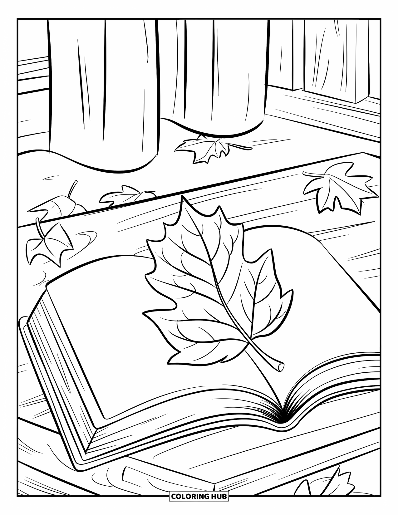 Fall Leaves Coloring Page for Kids: A fall leaf is tucked between book pages resting on a wooden desk