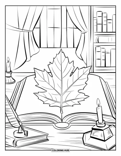 Coloriage de feuilles d'automne pour enfants : Une feuille d'automne marque un livre ouvert sur une table rustique à la décoration chaleureuse