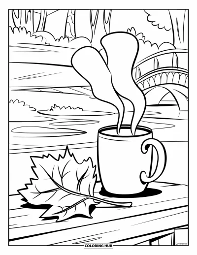 Coloriage de feuilles d'automne pour enfants : Une feuille tombée et une tasse fumante reposent sur un banc en bois près de l'eau