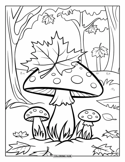 Coloriage de feuilles d'automne pour enfants : Un sous-bois garni de champignons présente une feuille posée sur un chapeau central