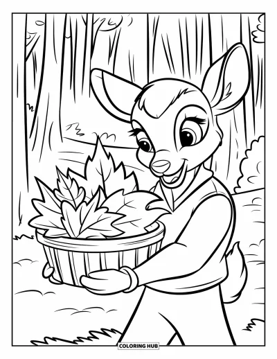 Coloriage de feuilles d'automne pour enfants : Un cerf sympathique en gilet tient un panier rempli de feuilles d'automne colorées