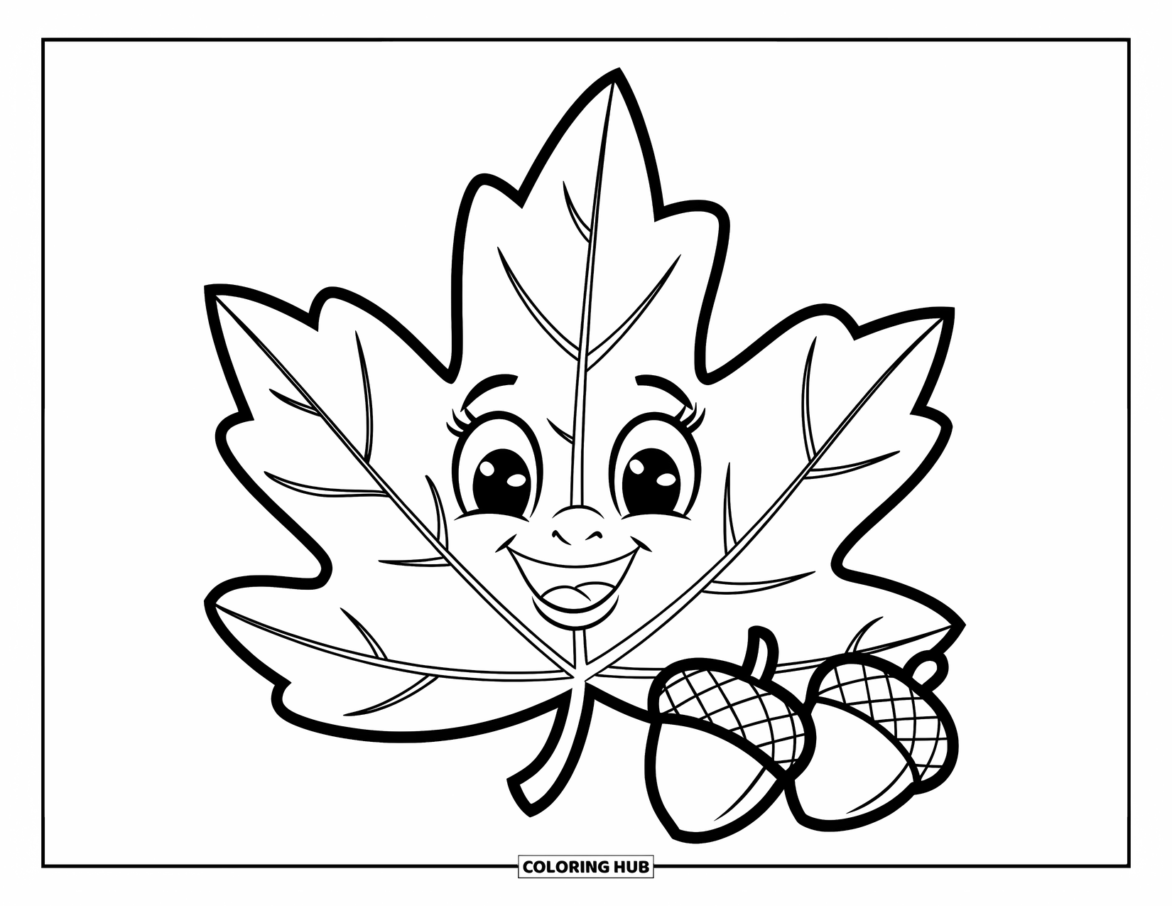 Fall Leaves Coloring Page for Kids: A happy fall leaf with subtle veins grins beside a pair of acorns