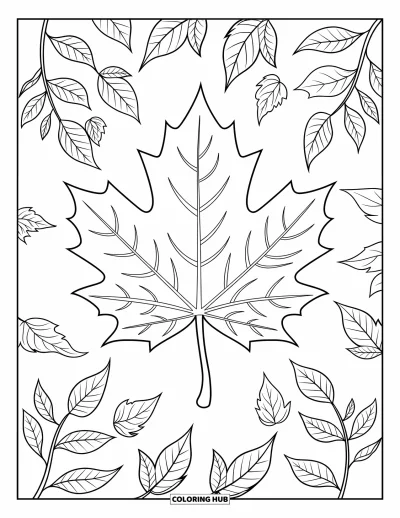 Coloriage de feuilles d'automne pour enfants : Une grande feuille d'érable aux lignes prononcées est entourée de petites feuilles et de tiges feuillues