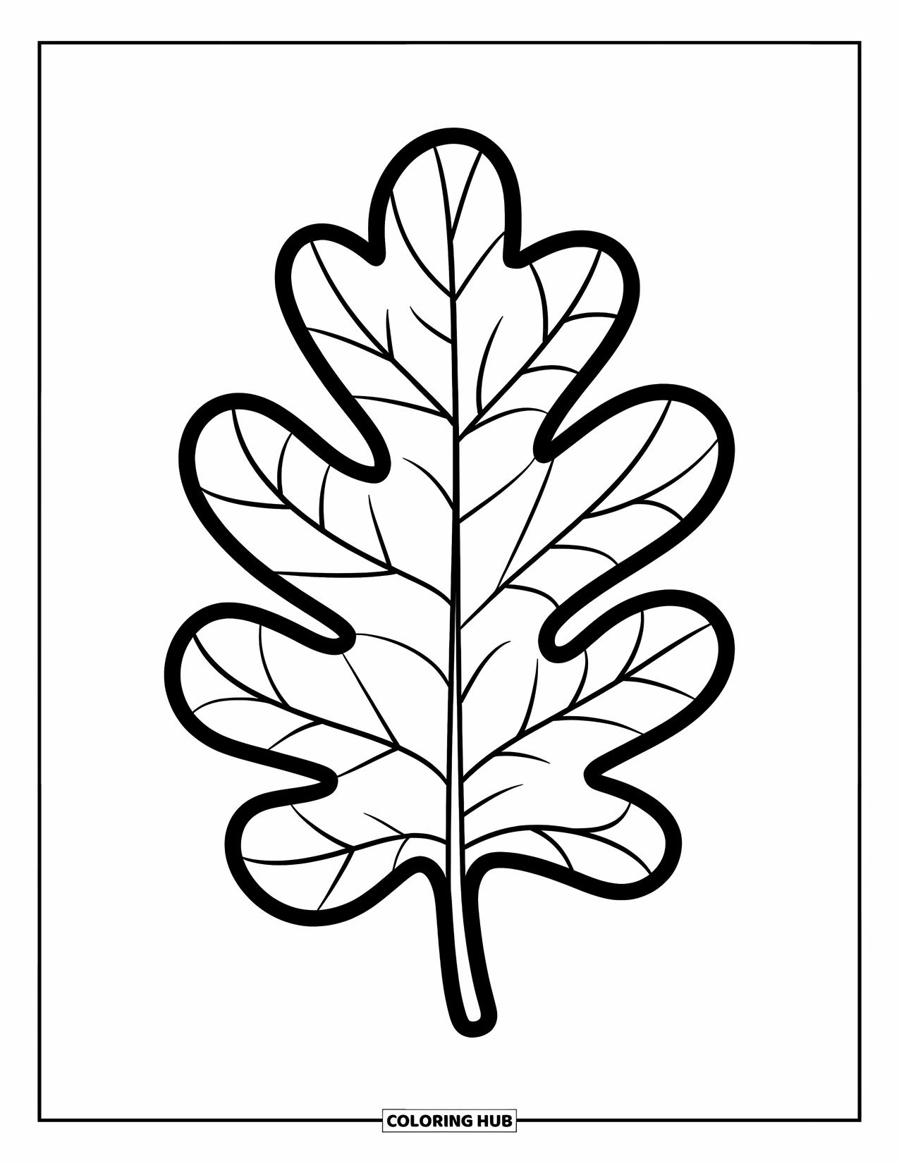 Fall Leaves Coloring Page for Kids: A large oak leaf rests in simple style, great for preschool-friendly coloring