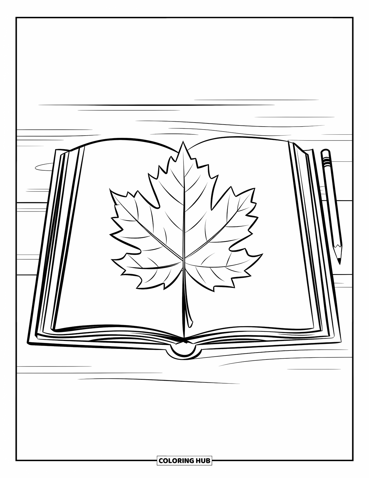 Fall Leaves Coloring Page for Kids: A leaf and pencil sit beside an open book on a wooden surface