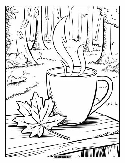Coloriage de feuilles d'automne pour enfants : Une feuille et une tasse de thé reposent ensemble sur un banc dans une forêt tranquille